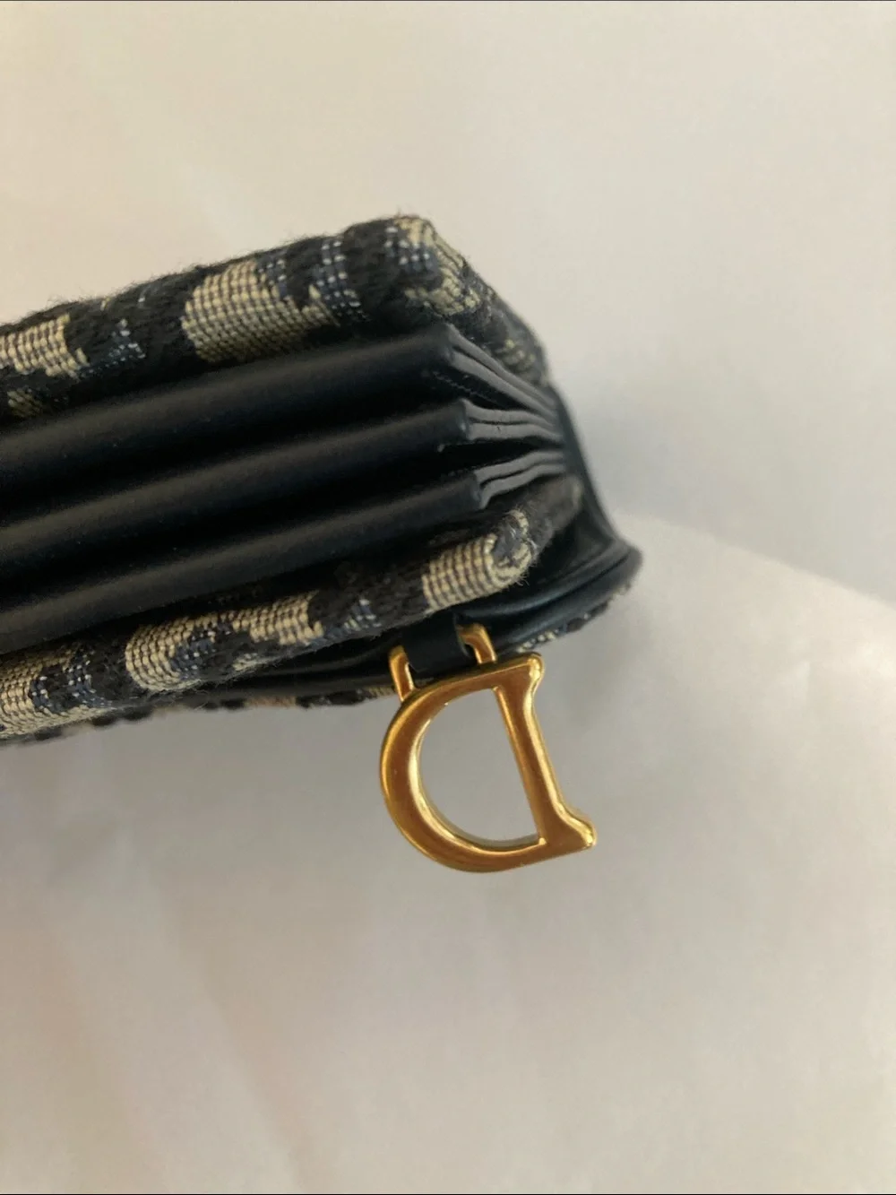 Dior Black & Beige Monogram Saddle Card Holder with Gold D Charm
